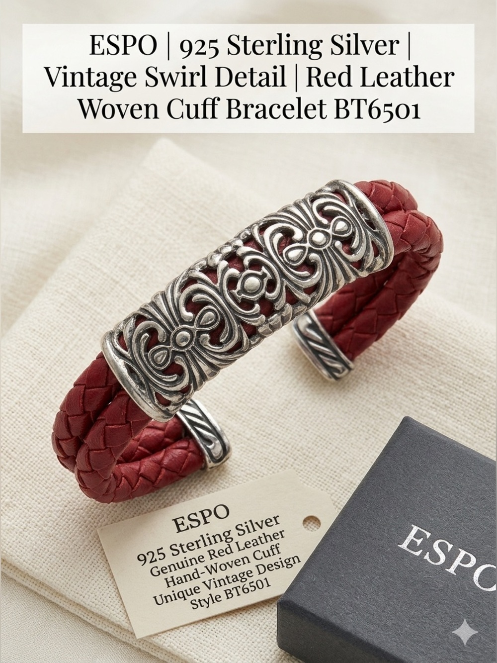 ESPO 925 Silver Vintage Swirl Detail Red Leather Woven Cuff Bracelet 2583